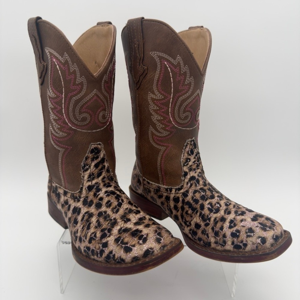 Roper Kids Leopard Print Western Cowboy Boots Brown Pink Embroidered Size 1